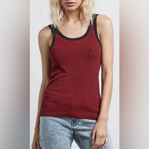 Volcom | NWT Chii Red Black Stripe Stretch Tank Top L - Picture 1 of 4